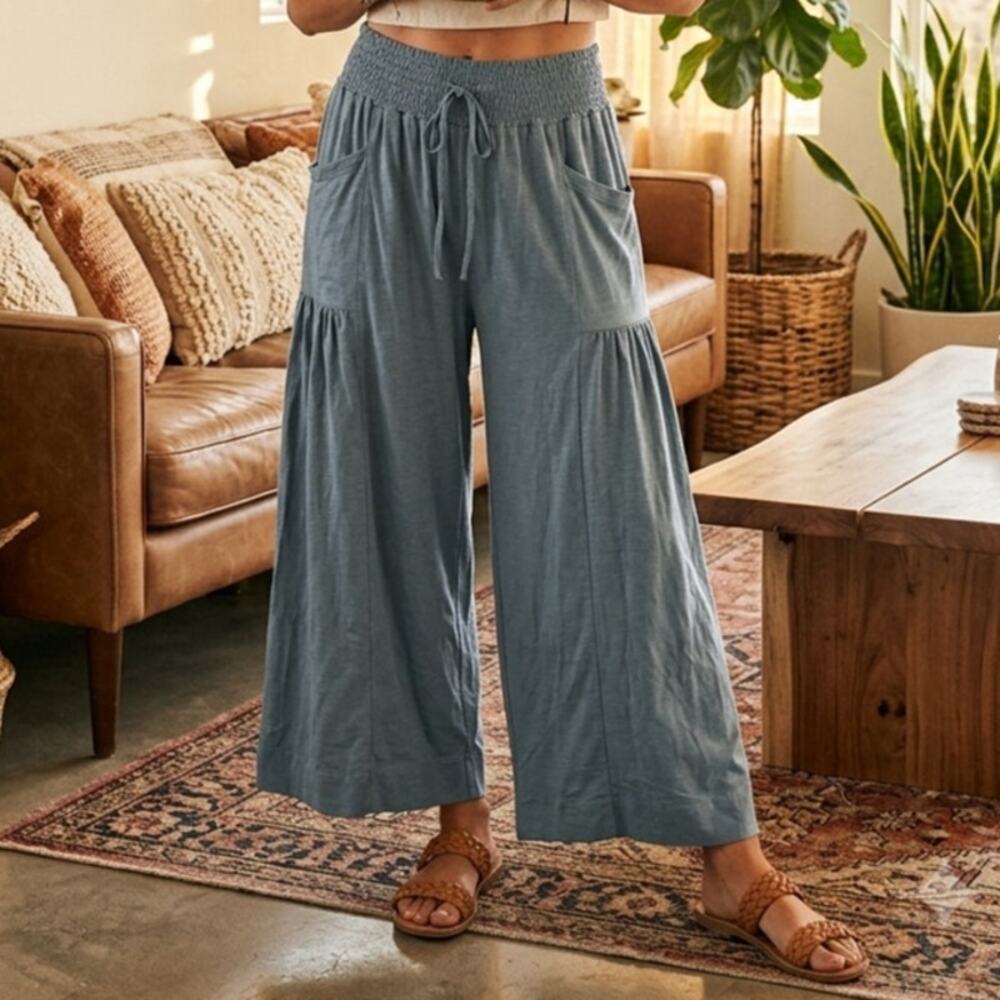 NEW dusty blue smocked high rise boho wide leg lagenlook pull on pants cropped